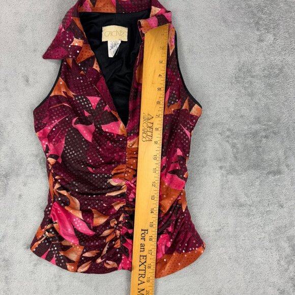 Vintage Cache Sequins Paillettes Ruched Floral Top Y2K Sleeveless Collared USA - Picture 9 of 9